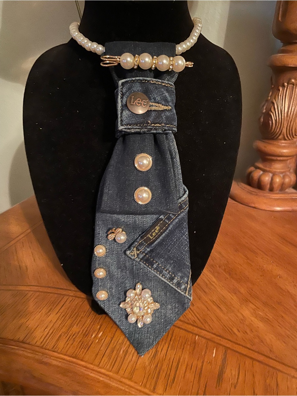 Lee Dark Indigo Denim Tie with Pearl & Gold Accents